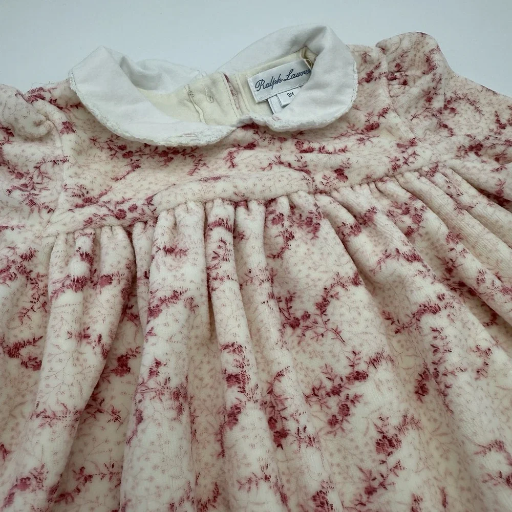 Ralph‎ Lauren 9 Months Baby Girl Pink Velvet Floral Dress Collar Soft 90% Cotton